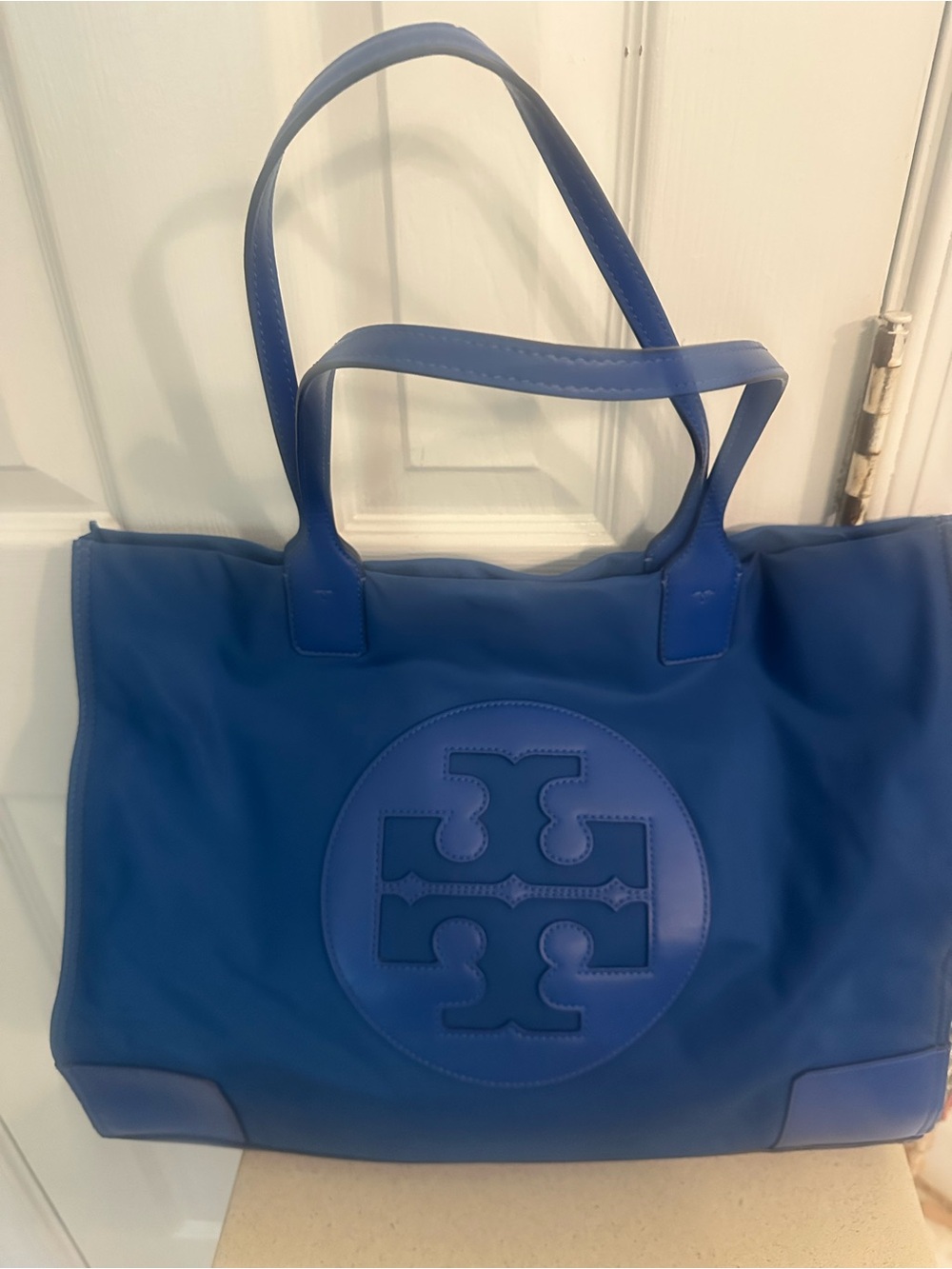 Tory Burch Ella Large Nylon Tote Bag Blue Oversized Logo Shoulder Bag